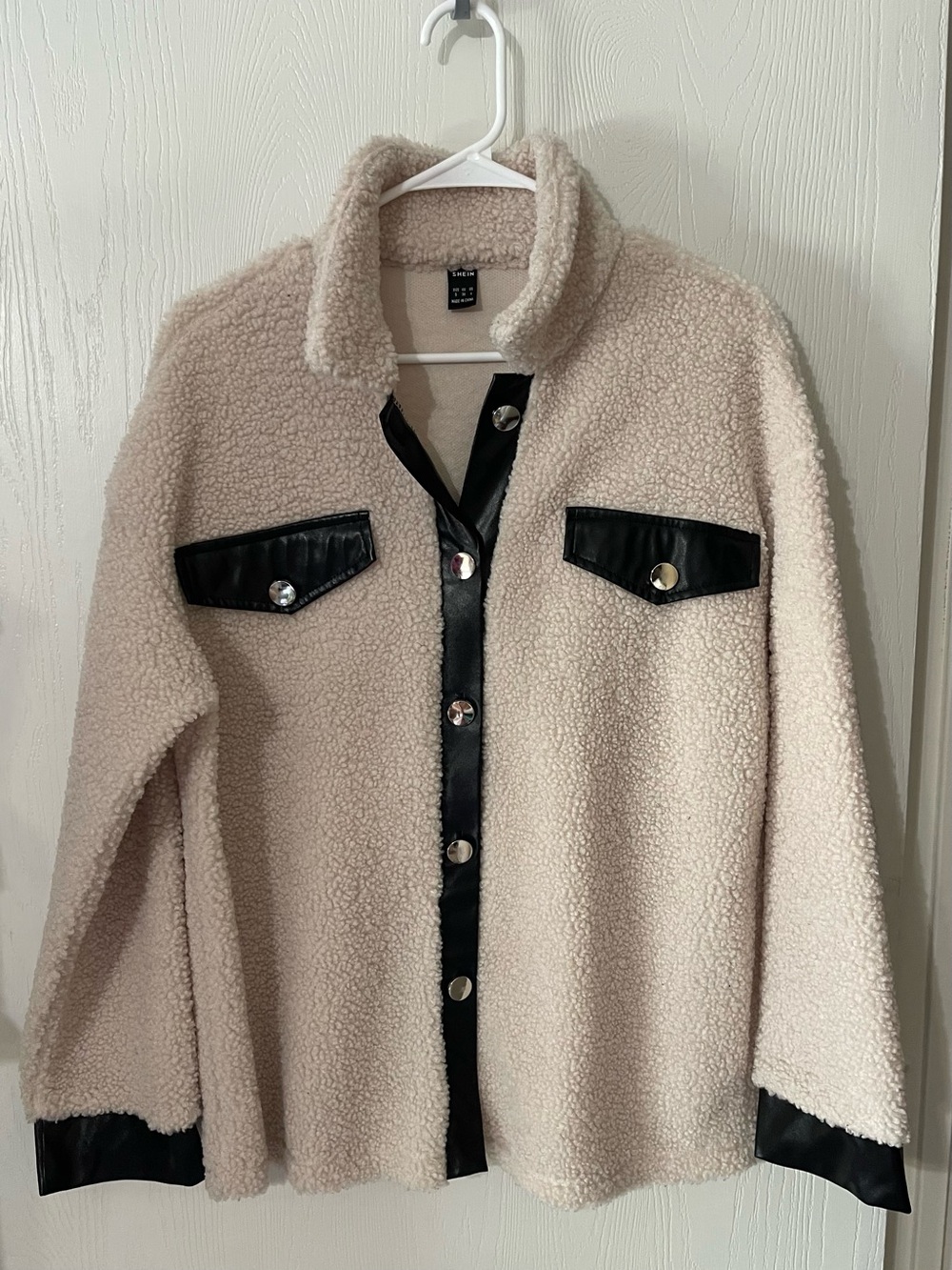 SHEIN Cream Teddy Jacket with Black Trim
